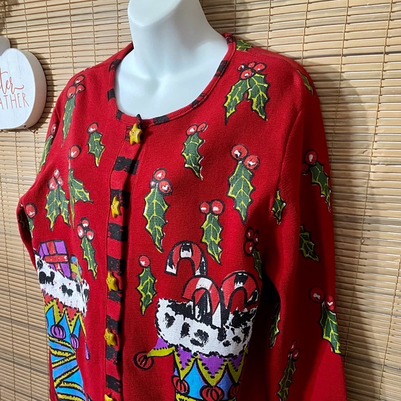 🎄Hand-painted holiday sweater, classy, dressy, upscale, cardigan, star buttons - Picture 10 of 16
